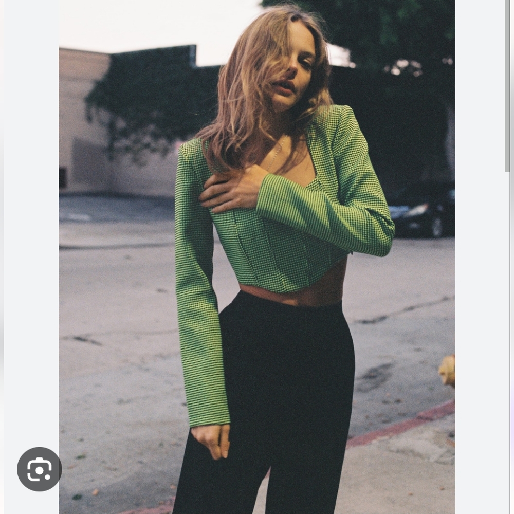 Zara Houndstooth long-sleeved crop top sz L green black